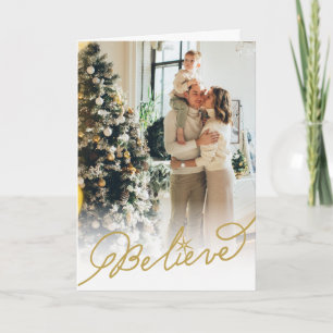 Believe Star Gold Calligraphy Christmas Photo Holiday Card