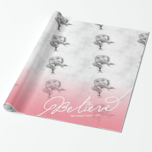 Believe Star Pink Ombre Christmas Photo Holiday Wrapping Paper