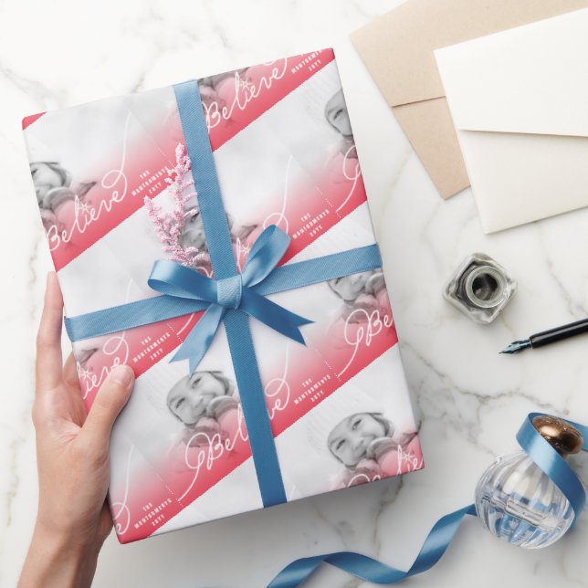 Believe Star Red Ombre Christmas Photo Holiday Wrapping Paper (Gifting)