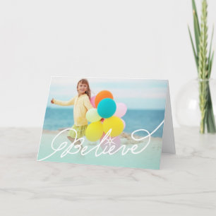Believe Star Script Aqua Ombre Christmas Photo Holiday Card