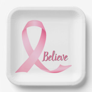 Believe Text Pink Ribbon Breast Cancer Awareness Paper Plate