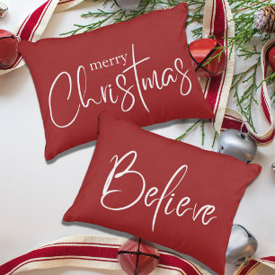 Believe Typography Red Modern Holiday Christmas Decorative Cushion
