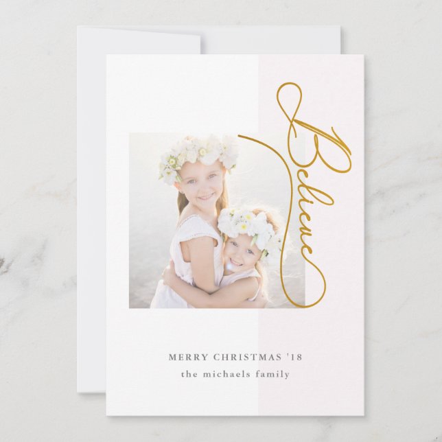 Believe Typography with Photo and Blush Stripe Holiday Card (Front)