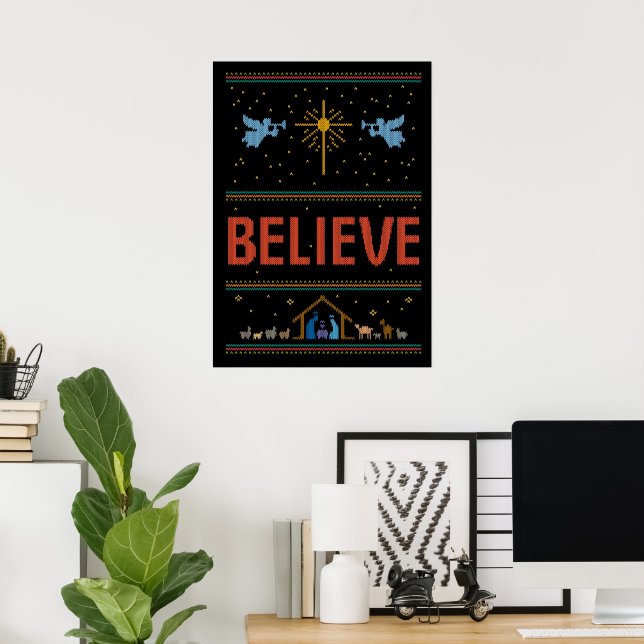 BELIEVE Ugly Christmas Sweater Christian Jesus God Poster (Home Office)