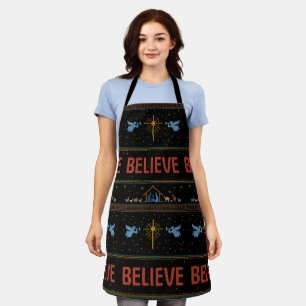 BELIEVE Ugly Christmas Sweater Jesus Christian God Apron
