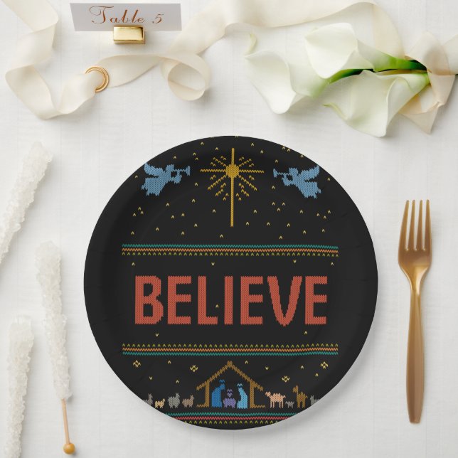 BELIEVE Ugly Christmas Sweater Religious Christian Paper Plate (Wedding)
