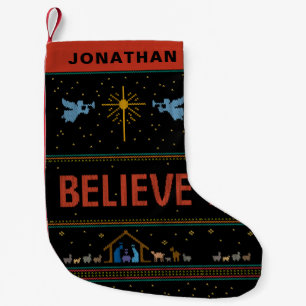 BELIEVE Ugly Christmas Sweater Religious Christian Small Christmas Stocking