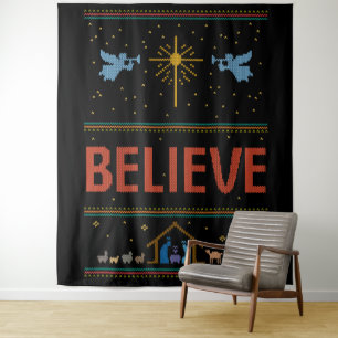 BELIEVE Ugly Christmas Sweater Religious Christian Tapestry