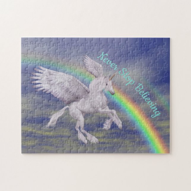 Believe Unicorn Over Rainbow Inspirational Jigsaw Puzzle (Horizontal)