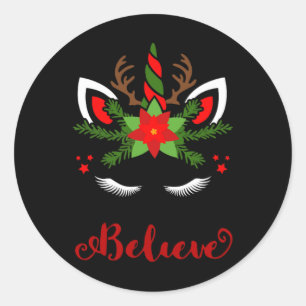 Believe Unicorn Reindeer Face Cute Christmas Santa Classic Round Sticker
