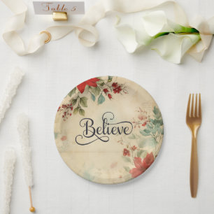 'Believe' Vintage Red Poinsettia Floral Christmas Paper Plate