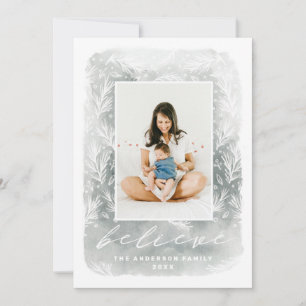 Believe. Watercolor botanical Christmas script Holiday Card