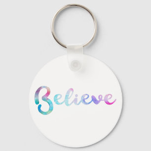 Believe Watercolor Typography Art Key Ring