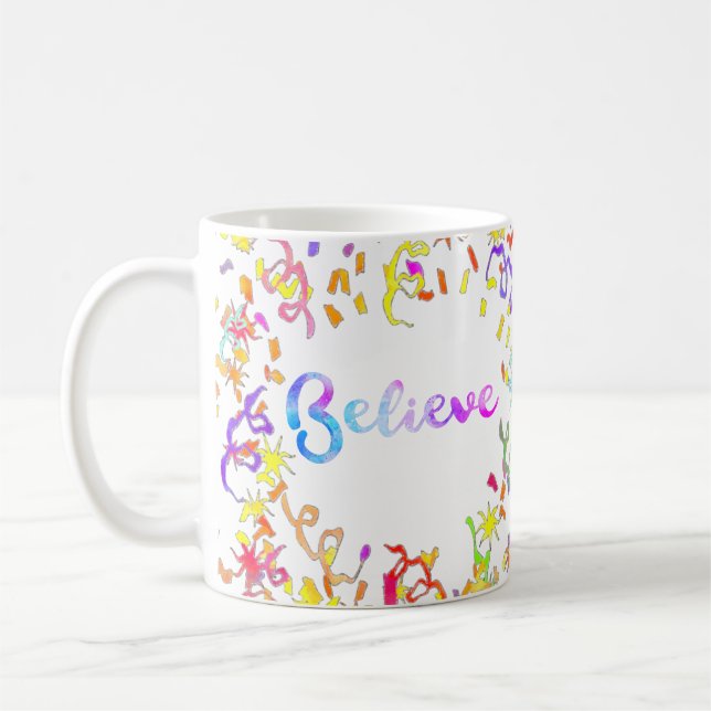 Believe Watercolor Typography Confetti Art Coffee Mug (Left)