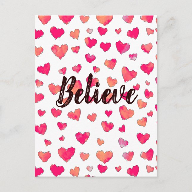 Believe Watercolor Typography Hearts Art Postcard (Front)