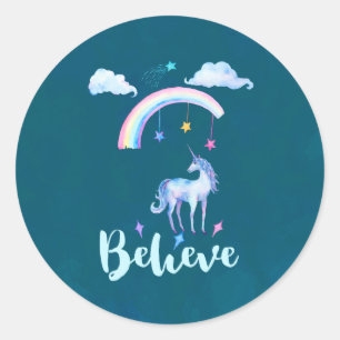 Believe with a Watercolor Unicorn Under a Rainbow Classic Round Sticker