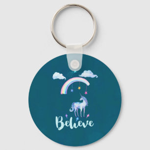 Believe with a Watercolor Unicorn Under a Rainbow Key Ring