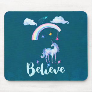 Believe with a Watercolor Unicorn Under a Rainbow Mouse Mat