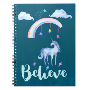 Believe with a Watercolor Unicorn Under a Rainbow Notebook