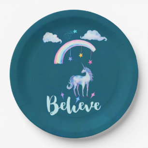 Believe with a Watercolor Unicorn Under a Rainbow Paper Plate