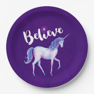 Believe with Unicorn In Pastel Watercolors Paper Plate