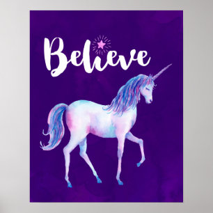 Believe with Unicorn In Pastel Watercolors Poster