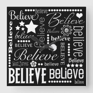 Believe Word Art Text Design Square Wall Clock
