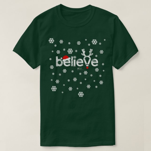 Believe Word Whimsical Christmas Snowflake Design  T-Shirt (Design Front)