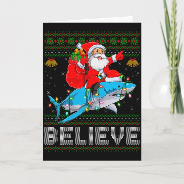 Believe Xmas Funny Santa Riding Shark Ugly Christm Card (Front)