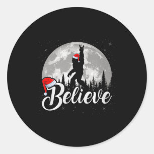 Believe Xmas Santa Bigfoot Sasquatch In Moon Light Classic Round Sticker