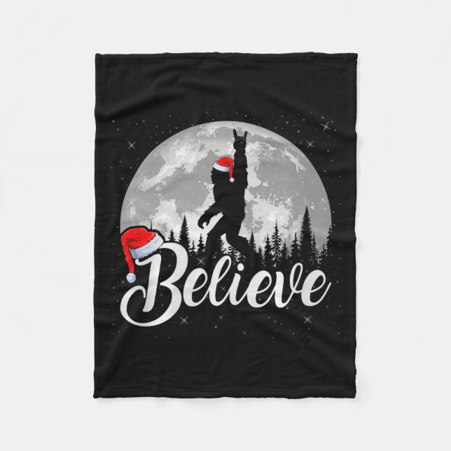 Believe Xmas Santa Bigfoot Sasquatch In Moon Light Fleece Blanket (Front)