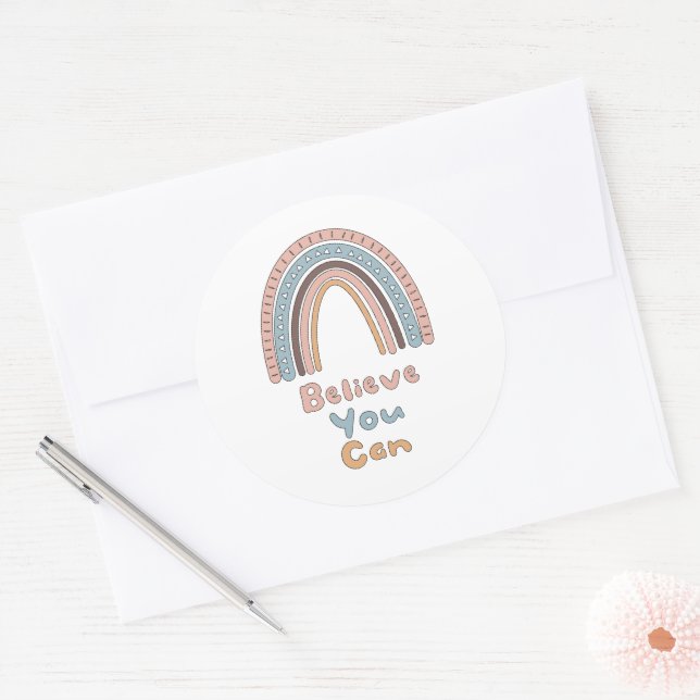 Believe you can motivational boho colourful rainbo classic round sticker (Envelope)
