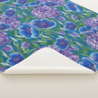 Belissima Purple Hydrangeas Floral on Blue Sherpa Blanket