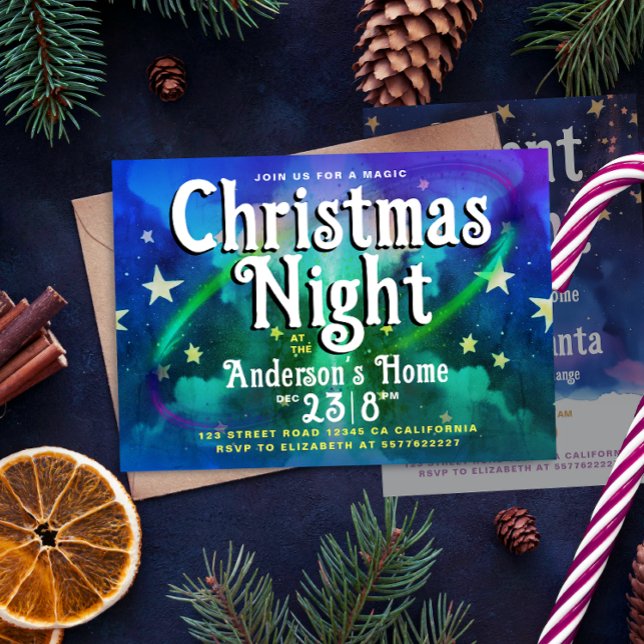 Belive In Magic Green Purple Christmas Night Party Invitation (Creator Uploaded)
