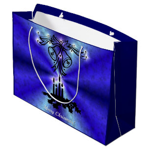 Bell, Candle, Christmas Artdeco on Blue Rainbow Large Gift Bag