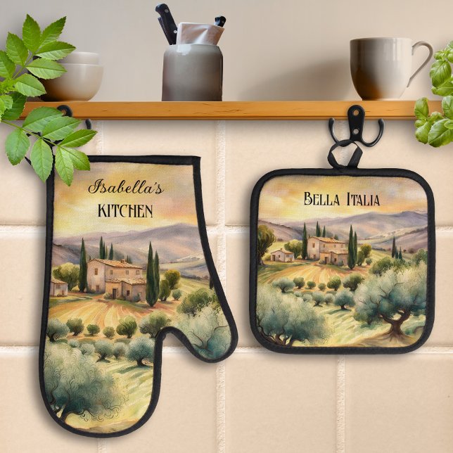 Bella Italia Tuscan Landscape Italian Oven Mitt & Pot Holder Set (Italian kitchen oven mitt and pot holder set featuring a watercolor painting of a Tuscan landscape)