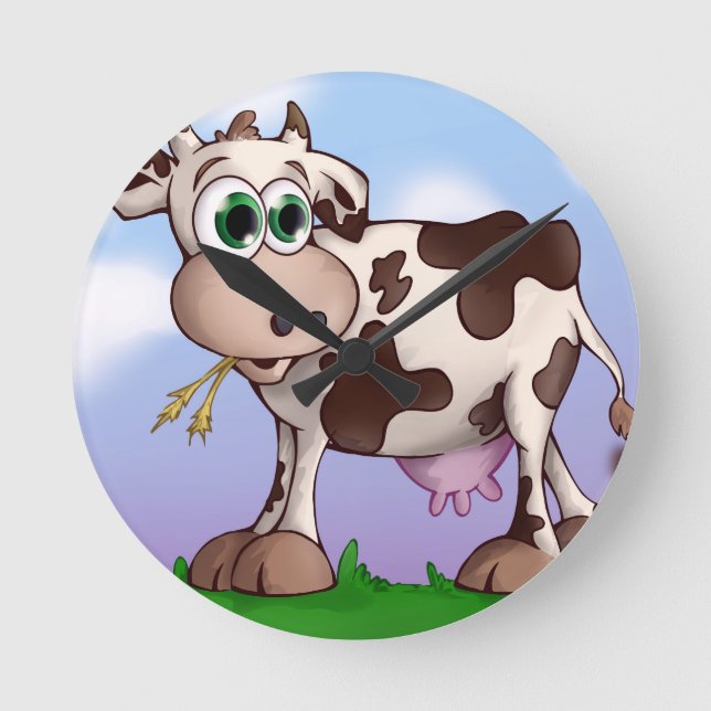 Bella The Cow Eating Hay on a Hill Top Round Clock (Front)