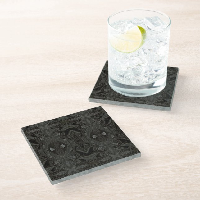 Belladonna Abstract Black and Gray Fluid Art Glass Coaster (Angled)