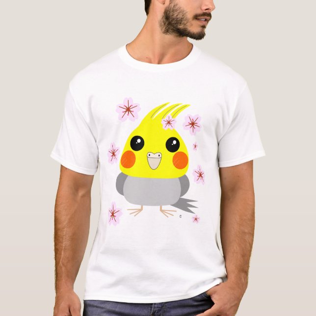 BelleBelle cockatiel/bird w Cherry Blossoms sakura T-Shirt (Front)