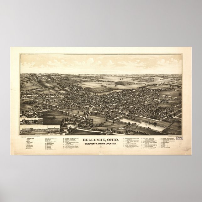 Bellevue Ohio 1888 Antique Panoramic Map Poster (Front)