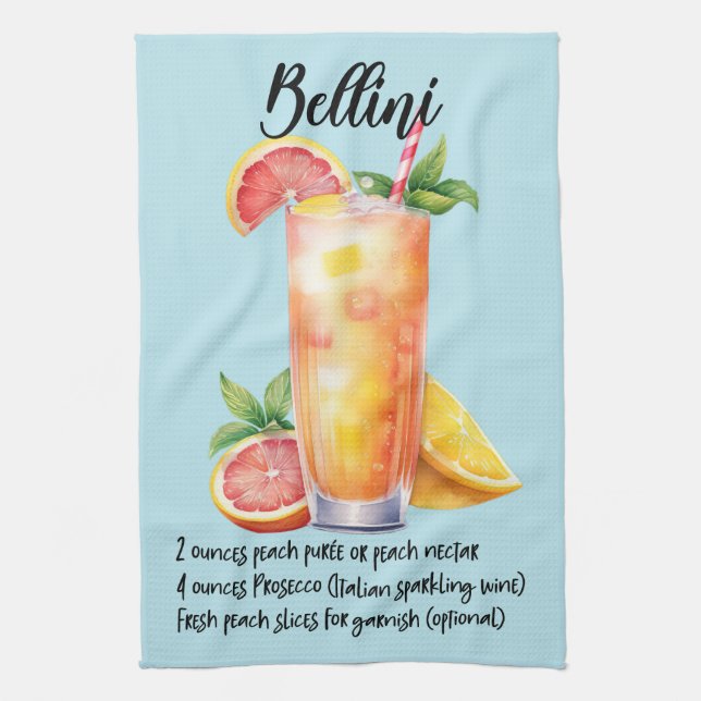 Bellini Cocktail Recipe Tea Towel (Vertical)