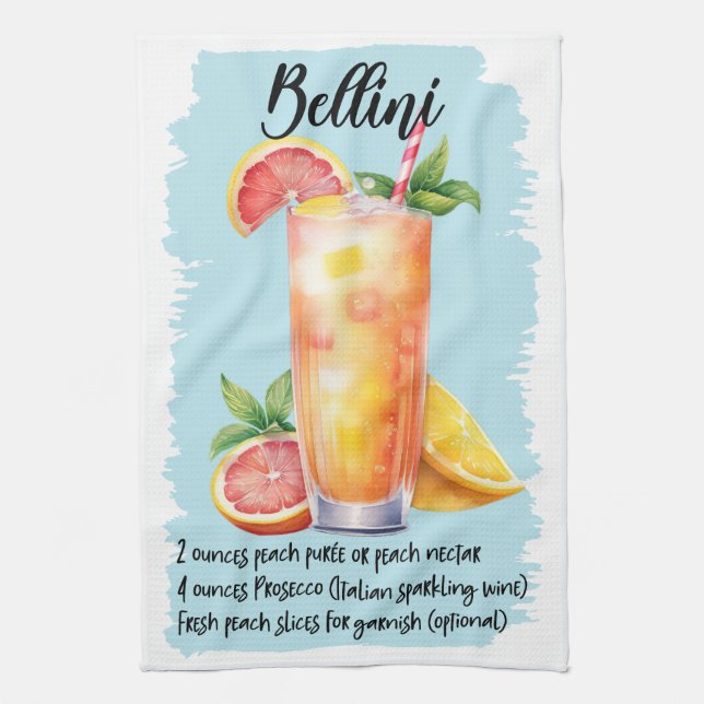 Bellini Cocktail Recipe Tea Towel (Vertical)