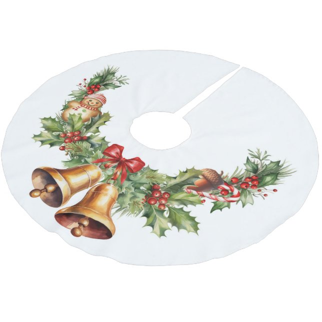 Bells and gingerbread man brushed polyester tree skirt (Angled)