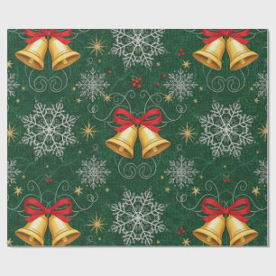 Bells and snowflakes on a green background wrapping paper