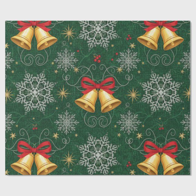Bells and snowflakes on a green background wrapping paper (Flat)