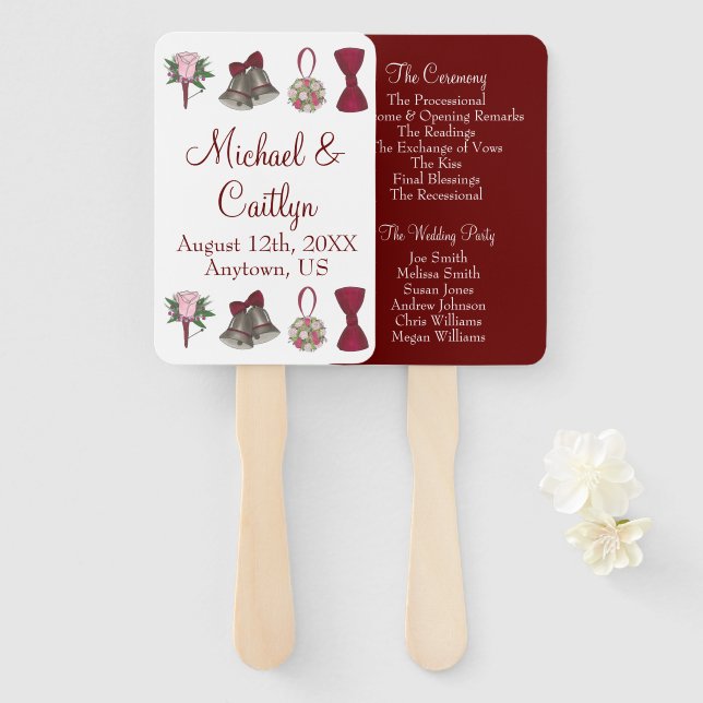 Bells Bow Flower Bouquet Burgundy Wedding Program Hand Fan (Front and Back)