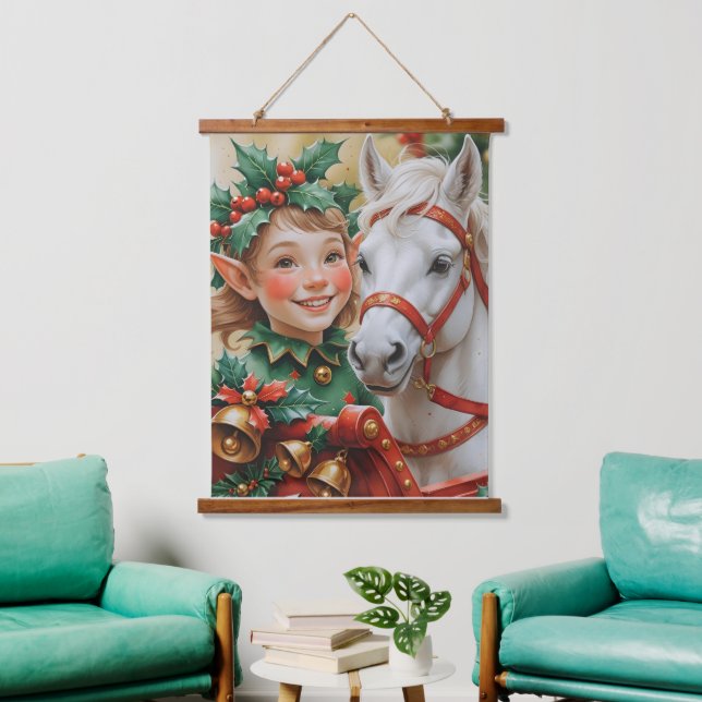 Bells Holly and Horse Christmas Elf Hanging Tapestry (Living Room)
