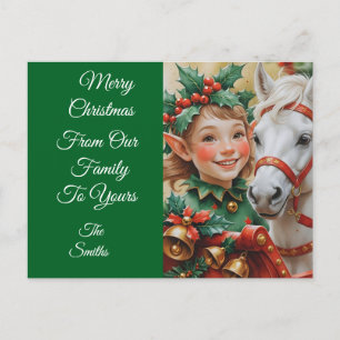 Bells Holly and Horse Christmas Elf Holiday Postcard