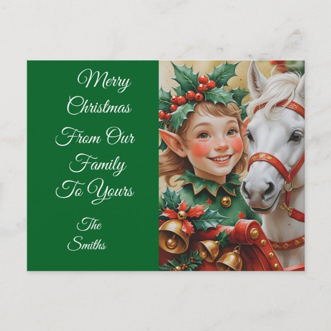Bells Holly and Horse Christmas Elf Holiday Postcard (Front)