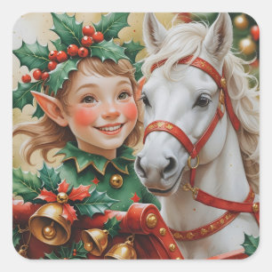 Bells Holly and Horse Christmas Elf Square Sticker